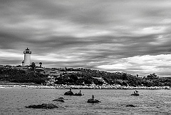 Storm Clouds Over Tarpaulin Cove Light and Seabirds -BW